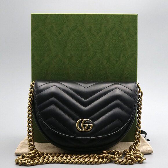 Authentic Gucci GG Marmont Half Moon Mini Crossbody Bag Black Matelassé Leather - Picture 3 of 12